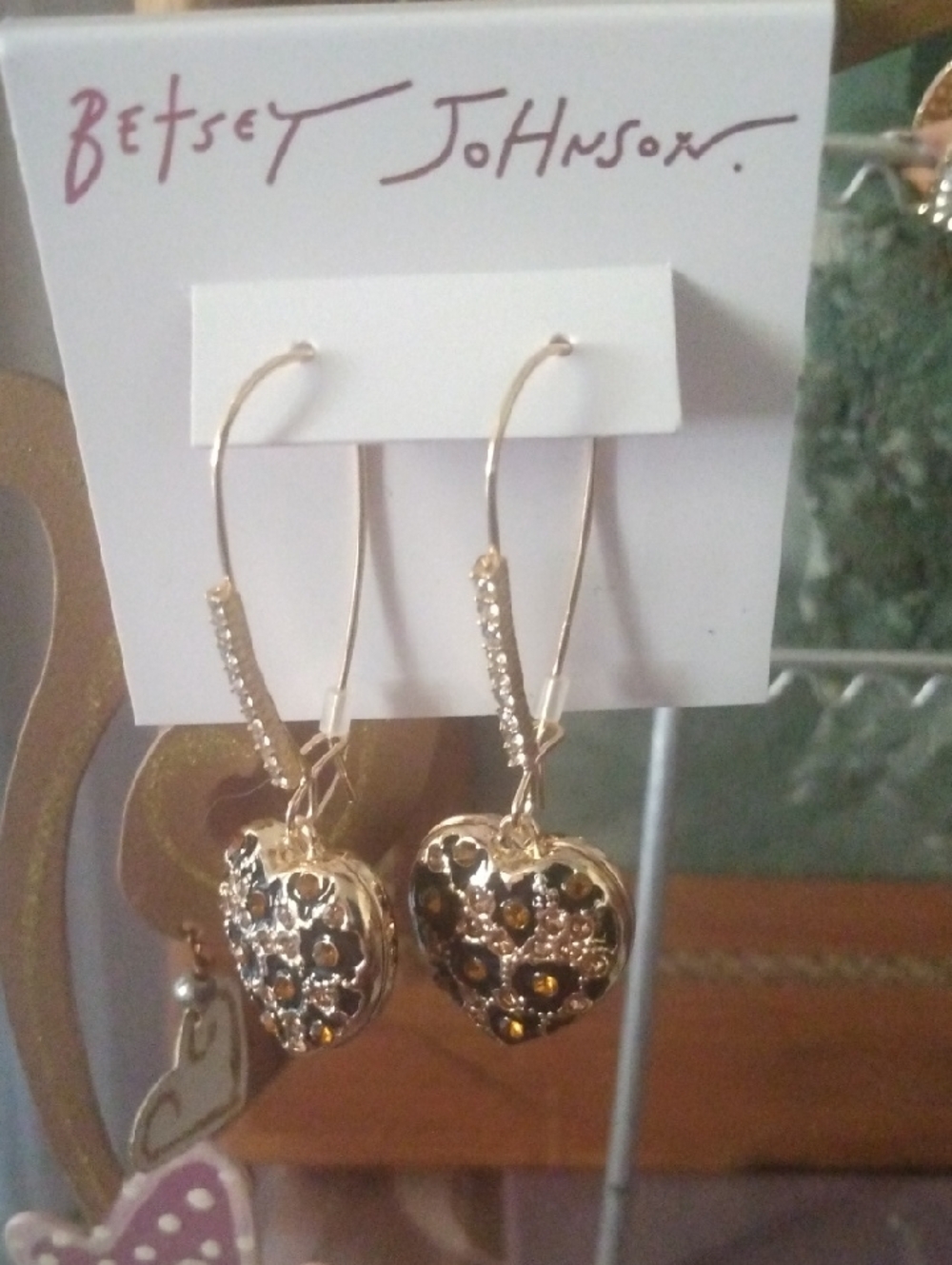 Betsey Johnson Gold Heart Drop Earrings with Black and Amber Accents